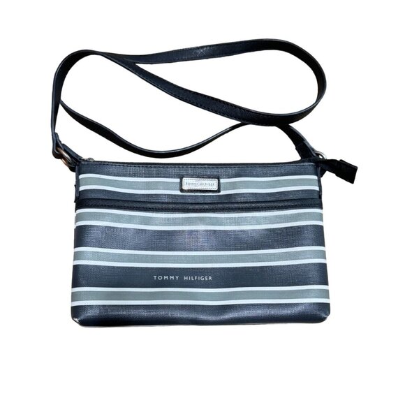 Y2K Tommy Hilfiger Crossbody Purse Handbag Bag Striped Black and Gray 10"X 7"X1" - Picture 1 of 3